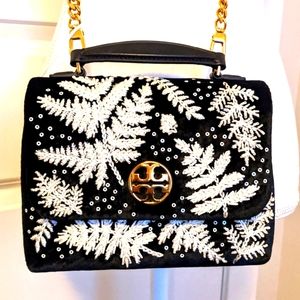 Tory Burch VELVET Willa Top Handle Crossbody Bag Winter Pine Beaded Embroidery
